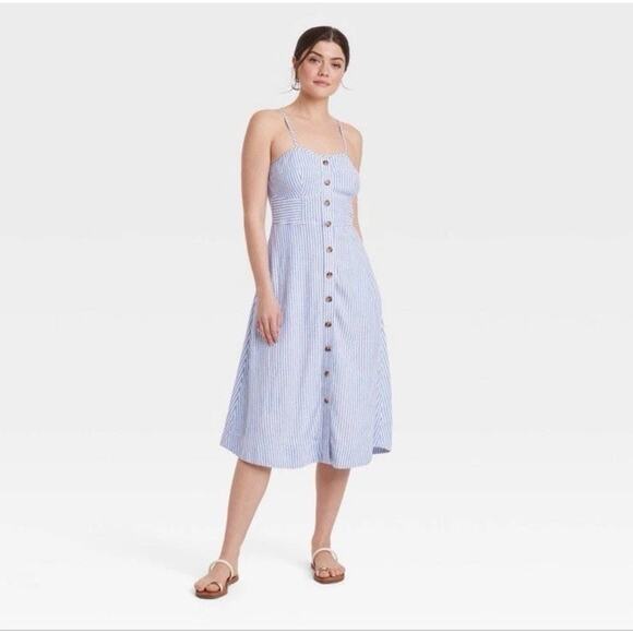 NWT Target Universal Thread Women MEDIUM Linen Corset Midi Dress Blue Striped - Picture 1 of 8